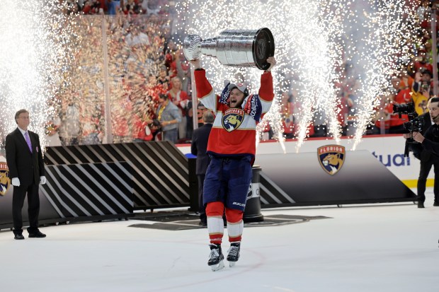 Florida Panthers center Aleksander Barkov celebrates after winning the Stanley...