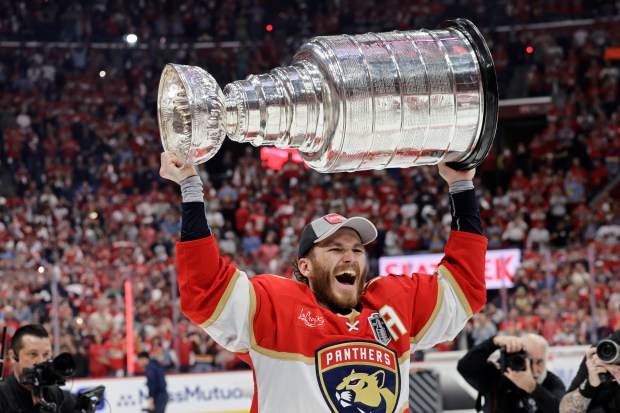 Panthers left wing Matthew Tkachuk celebrates after winning the Stanley Cup Final at Amerant Bank Arena in Sunrise on Monday, June 24, 2024. (John McCall/South Florida Sun Sentinel)
