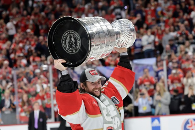 Florida Panthers goalie Sergei Bobrovsky celebrates after winning the Stanley...