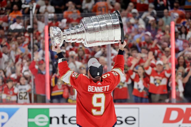 Florida Panthers center Sam Bennett celebrates after winning the Stanley Cup Final at Amerant Bank Arena in Sunrise on Monday, June 24, 2024. (John McCall/South Florida Sun Sentinel)