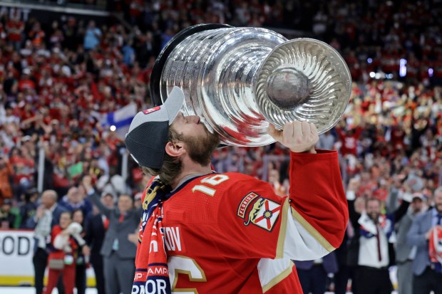 Florida Panthers center Aleksander Barkov celebrates after winning the Stanley...