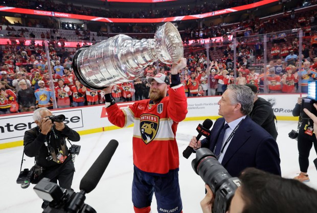 Florida Panthers center Sam Bennett celebrates after winning the Stanley...