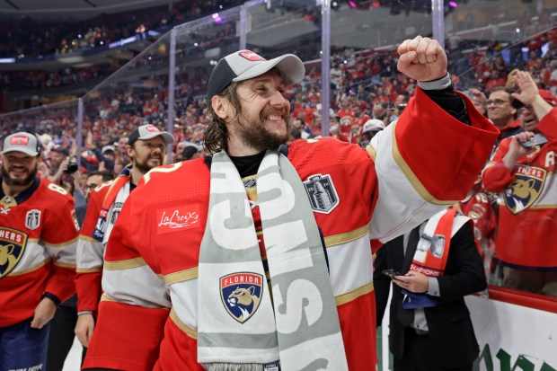 Florida Panthers goalie Sergei Bobrovsky celebrates after winning the Stanley Cup Final at Amerant Bank Arena in Sunrise on Monday, June 24, 2024. (John McCall/South Florida Sun Sentinel)