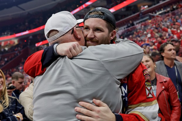 Florida Panthers left wing Matthew Tkachuk celebrates after winning the...