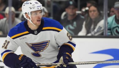 Blues forward Dylan Holloway taken to the hospital after being struck in neck by puck