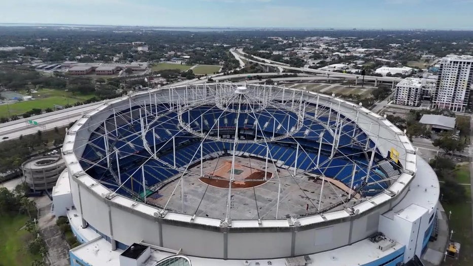The roof of Tropicana Field was badly damaged during Hurricane Milton.