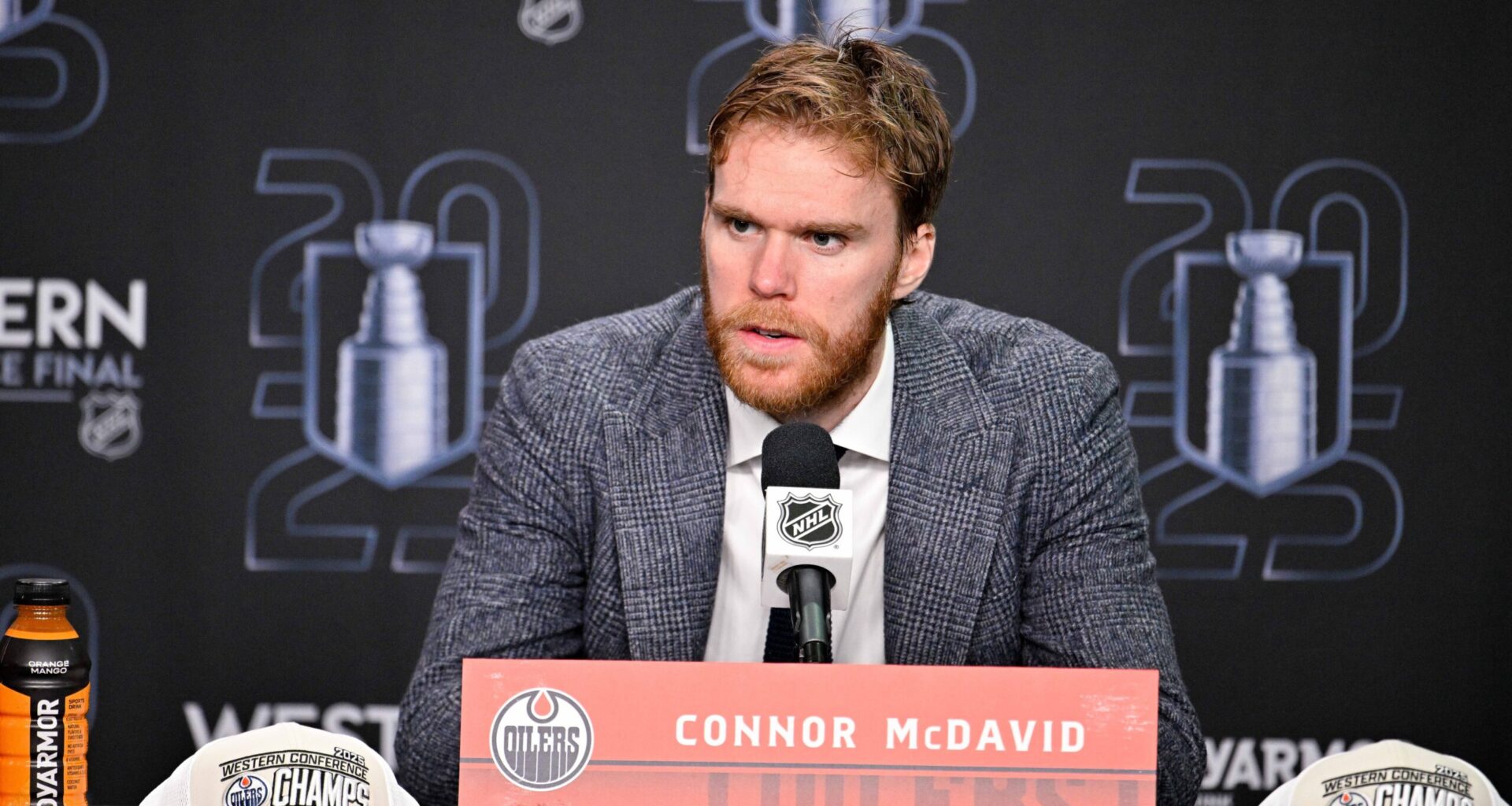Edmonton Oilers center Connor McDavid speaks to the media after the game against the Dallas Stars in game five of the Western Conference Final of the 2025 Stanley Cup Playoffs at American Airlines Center.