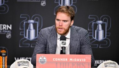 Edmonton Oilers center Connor McDavid speaks to the media after the game against the Dallas Stars in game five of the Western Conference Final of the 2025 Stanley Cup Playoffs at American Airlines Center.