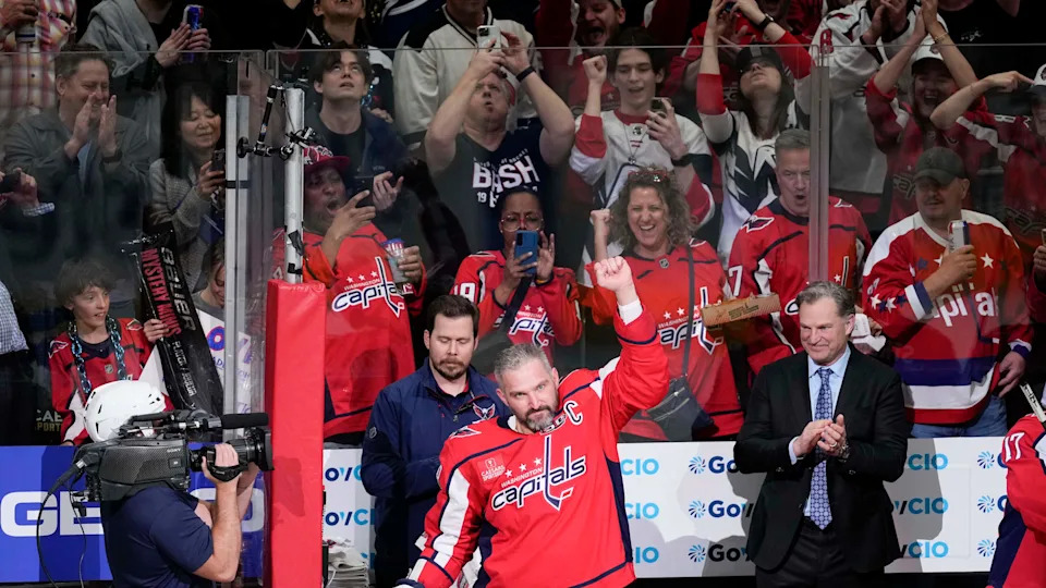 WASHINGTON, DC - APRIL 4: Alex Ovechkin #8 of the Washington Capitals gestures to the crowd after scoring his 894th career goal during the third period of a game against the Chicago Blackhawks at Capital One Arena on April 4, 2025 in Washington, D.C. Ovechkin's goal ties him with Wayne Gretzky for the all-time goal scoring record. (Photo by Jess Rapfogel/NHLI via Getty Images)