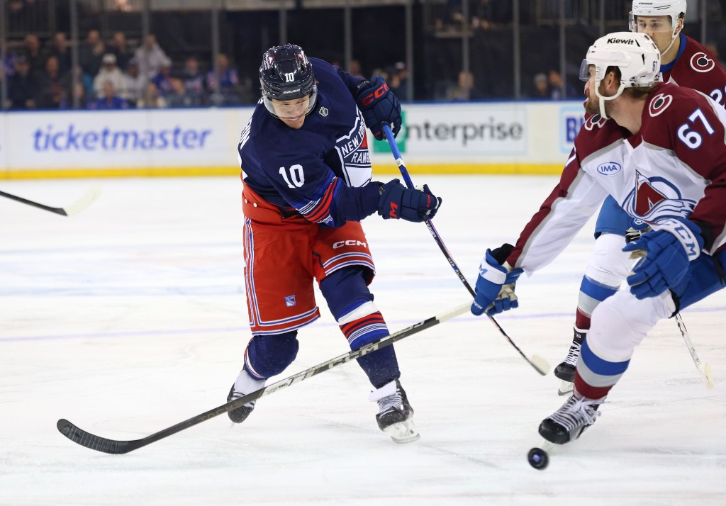 Artemi Panarin shoots during the Rangers-Avalanche game on Jan. 26, 2025. 
