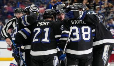 Tampa Bay Lightning center Brayden Point (21) celebrates after his goal against the New York Rangers with teammates during the second period of an NHL hockey game Saturday, Dec. 28, 2024, in Tampa, Fla. (AP Photo/Chris O'Meara)