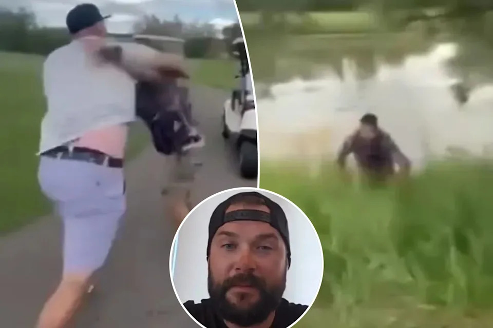An image collage containing 3 images, Image 1 shows Nick Tarnasky punches Trevor Ogilvie during a fight on a golf course in Alberta on July 4, 2025, Image 2 shows Trevor Ogilvie crawls out of a pond after being dumped in by Nick Tarnasky, Image 3 shows Trevor Ogilvie in his apology video