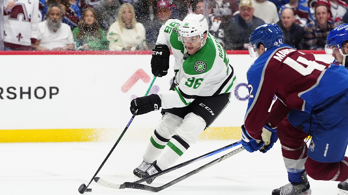 Dallas Stars right wing Mikko Rantanen (96) controls the puck against the Colorado Avalanche in the third period in game six of the first round of the 2025 Stanley Cup Playoffs at Ball Arena.