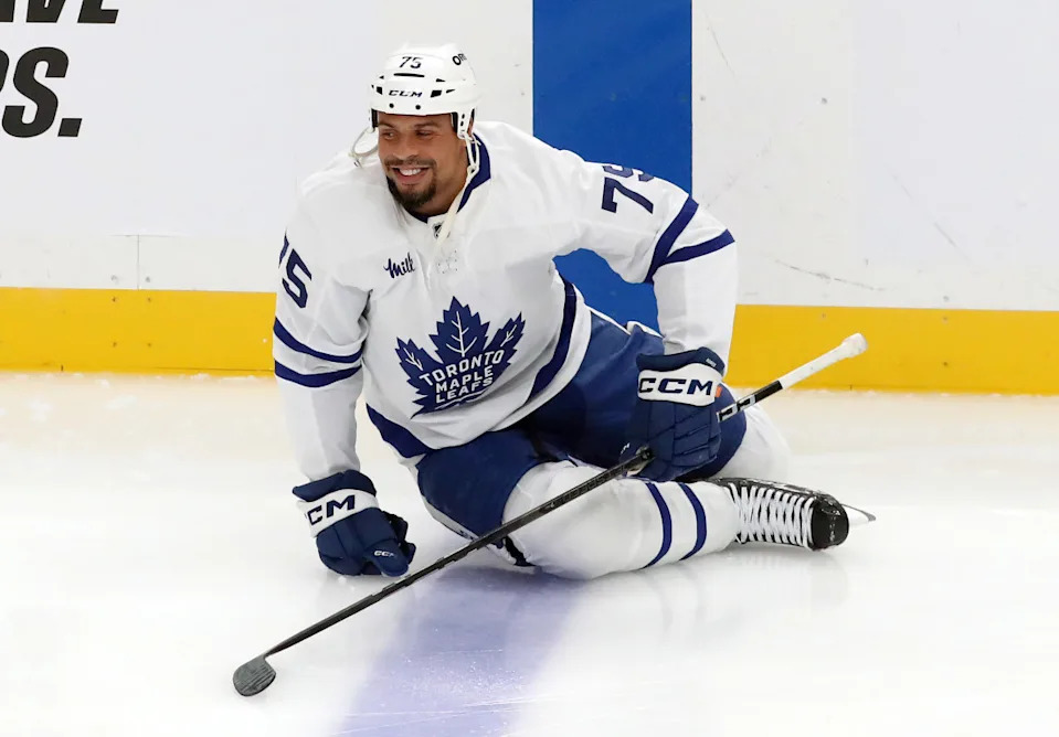 Toronto Maple Leafs right wing Ryan Reaves (75) warms up before playing an NHL game.Charles LeClaire-Imagn Images