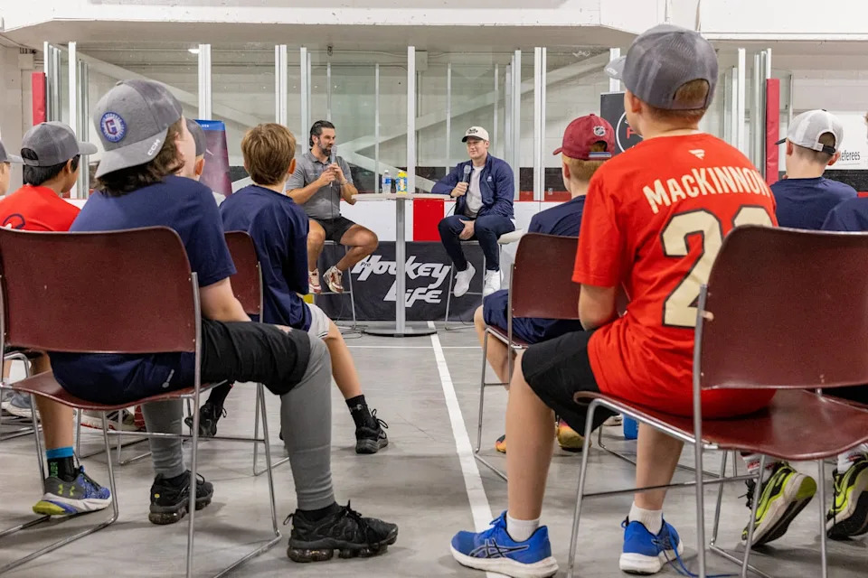NHL star Nathan MacKinnon talks to campers in Cole Harbour on Friday.