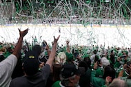Streamers drops as Dallas Stars fans celebrate a 6-3 victory over the Edmonton Oilers in...