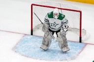 Dallas Stars goalie Joey O'Brien (1) warms up before the start of an NHL hockey game against...