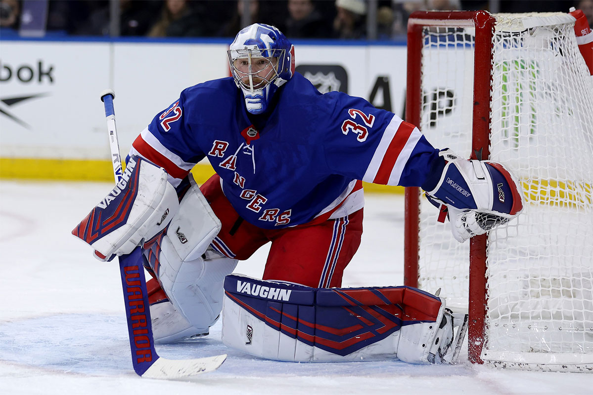 New York Rangers goaltender Jonathan Quick (32) tends net against the Nashville Predators during the third period at Madison Square Garden.
