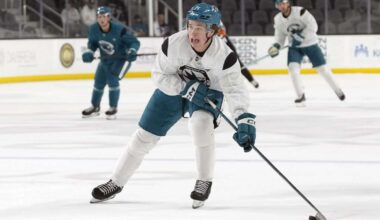 Celebrini makes his practice debut for the Sharks, while Couture waits to get back on the ice