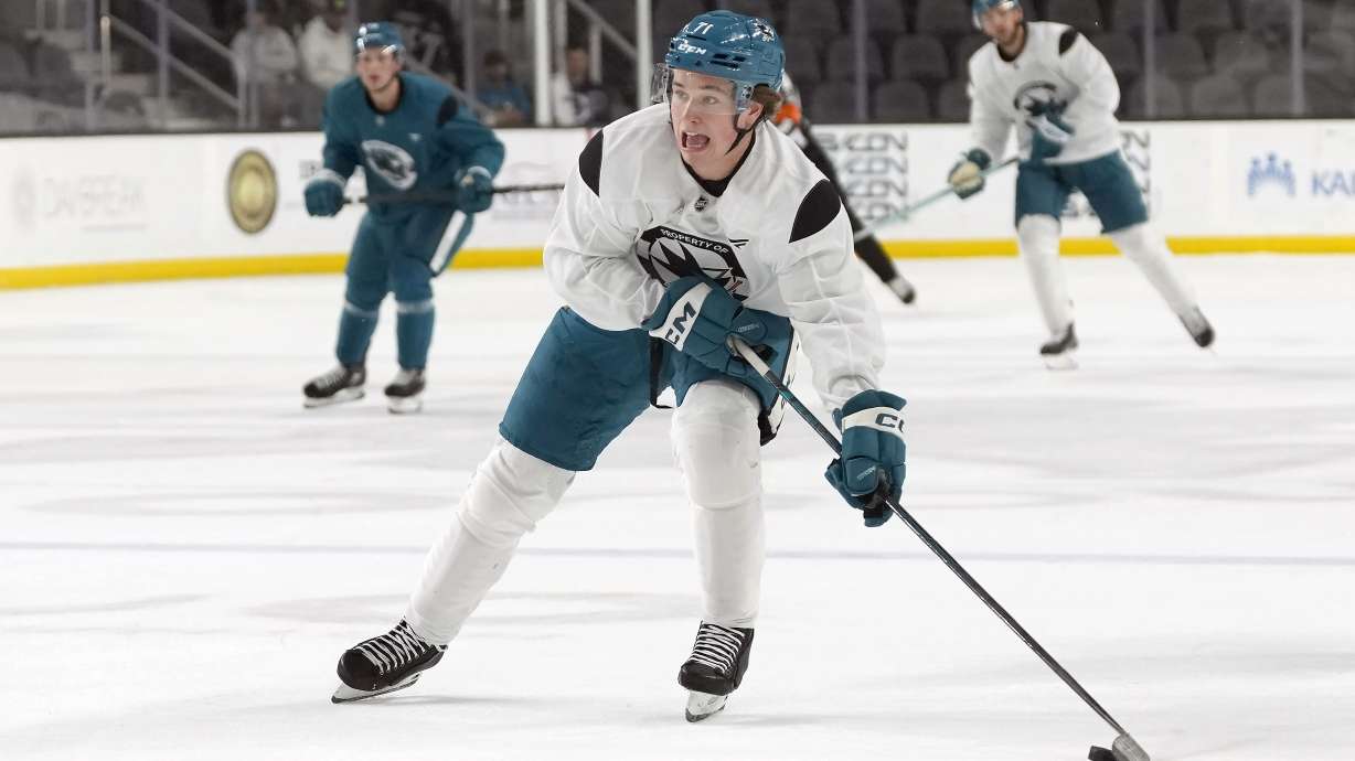 Celebrini makes his practice debut for the Sharks, while Couture waits to get back on the ice