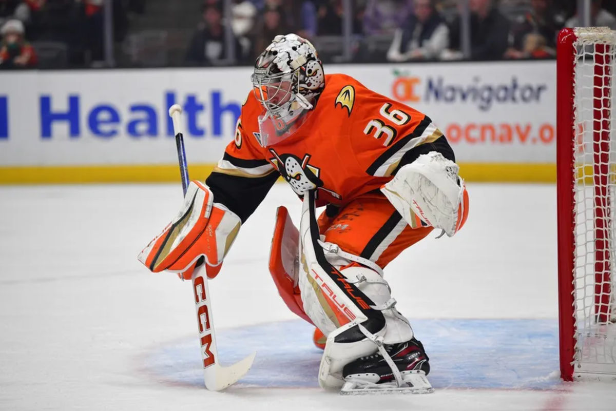 Jan 5, 2025; Anaheim, California, USA; Anaheim Ducks goaltender John Gibson (36) defends the goal against the Tampa Bay Lightning during the first period at Honda Center. Mandatory Credit: Gary A. Vasquez-Imagn Images