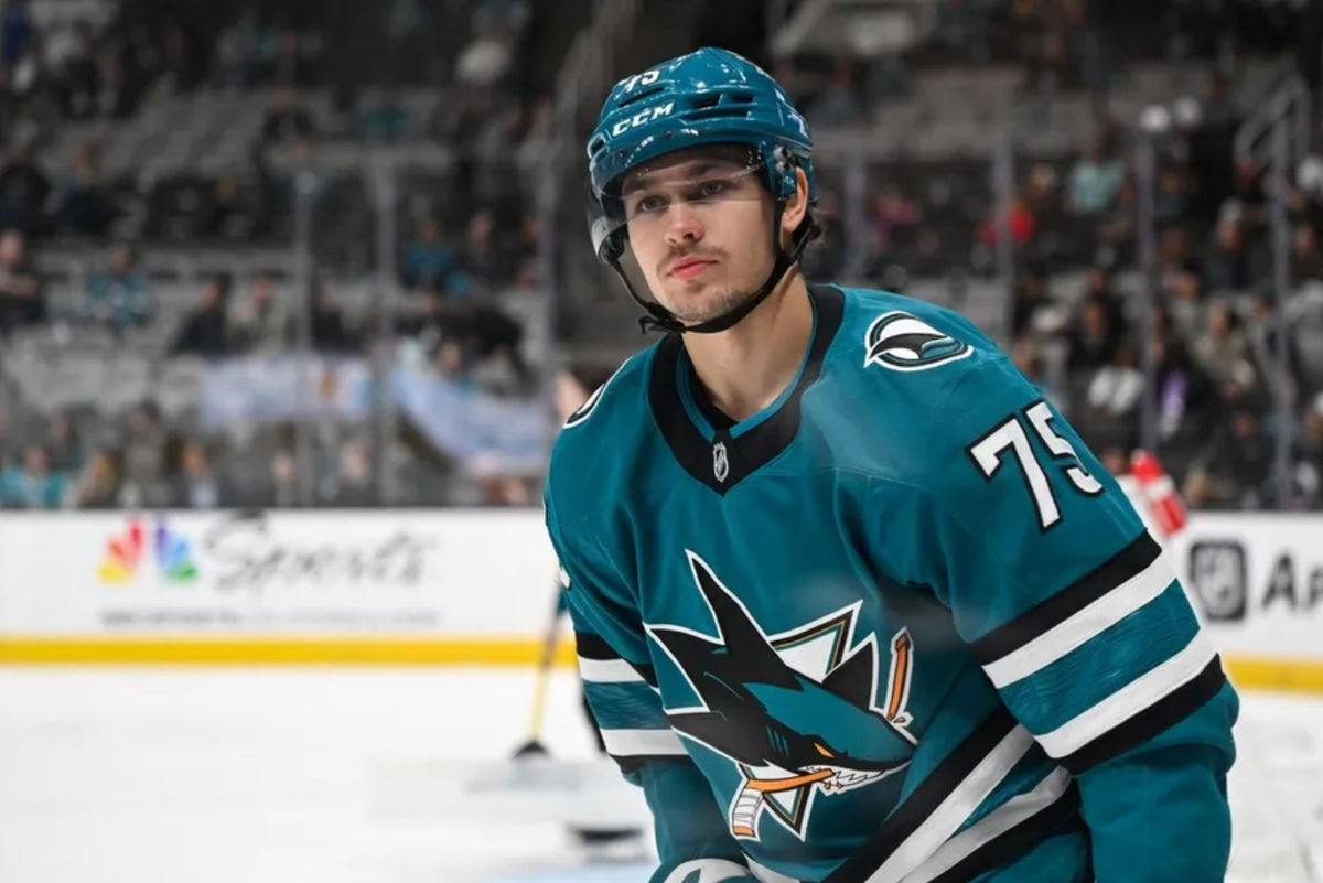 Oct 29, 2024; San Jose, California, USA; San Jose Sharks left wing Danil Gushchin (75) skates against the Los Angeles Kings during the second period at SAP Center at San Jose. Mandatory Credit: Eakin Howard-Imagn Images