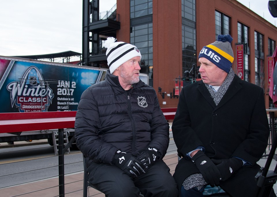 John Kelly interviewing Dan Craig at Busch Stadium about the NHL Winter Classic.