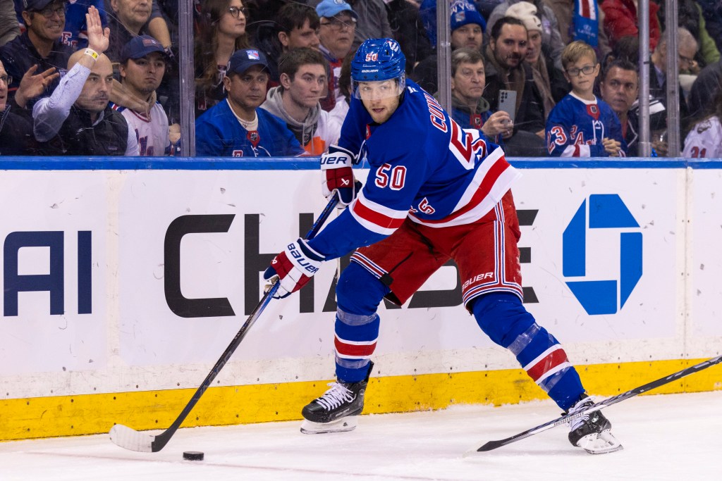 New York Rangers left wing Will Cuylle (50) looks for the open man in the first period at Madison Square Garden, Thursday, Jan. 23, 2025
