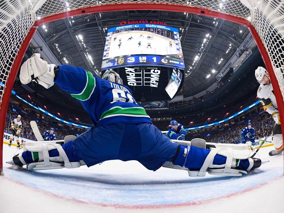  Nikita Tolopilo makes save on Nicolas Roy of the Golden Knights on April 16 at Rogers Arena. Vegas won 4-1.