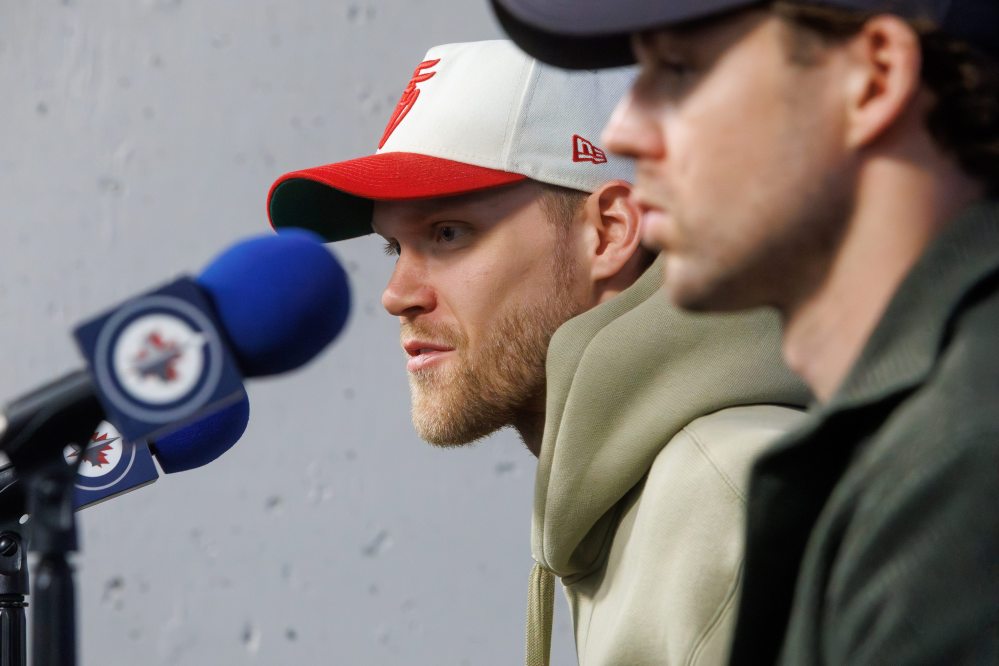 MIKE DEAL / FREE PRESS
Winnipeg Jets’ Nikolaj Ehlers and Josh Morrissey during post-playoffs media availability at Canada Life Centre in 2024.