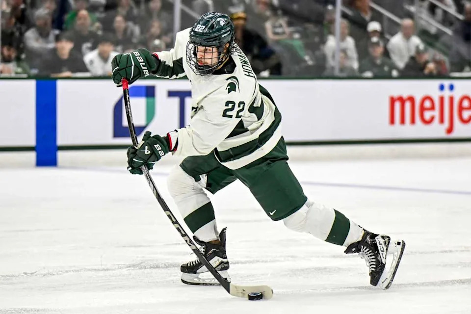 Michigan State's Isaac Howard takes a shot at the goal against Notre Dame during the second period in the Big Ten tournament.Nick King&sol;Lansing State Journal &sol; USA TODAY NETWORK via Imagn Images
