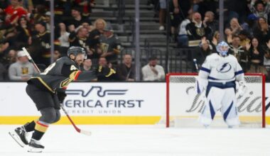 Vegas Golden Knights center Tomas Hertl (48) celebrates after scoring a goal during the first period of an NHL hockey game against the Tampa Bay Lightning, Sunday, March 23, 2025, in Las Vegas. (AP Photo/Ian Maule)