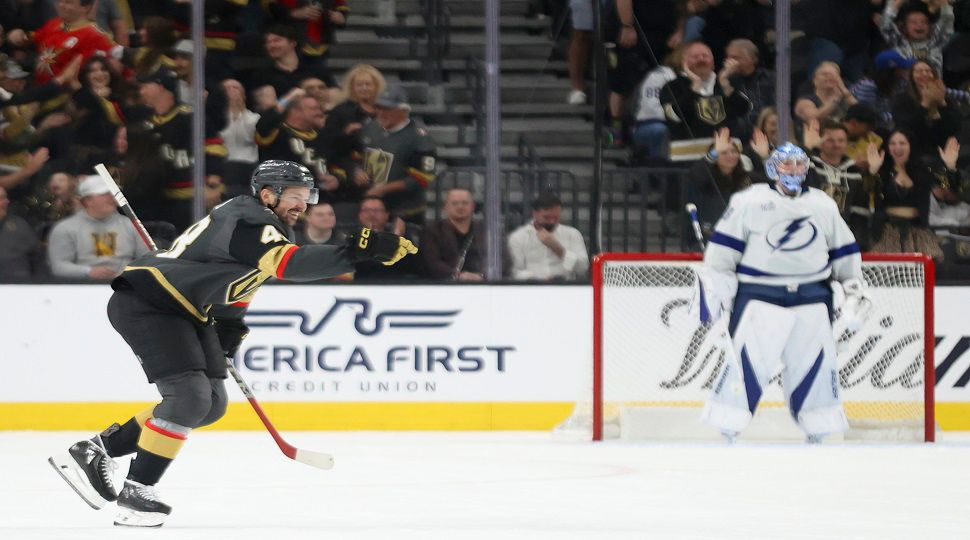 Vegas Golden Knights center Tomas Hertl (48) celebrates after scoring a goal during the first period of an NHL hockey game against the Tampa Bay Lightning, Sunday, March 23, 2025, in Las Vegas. (AP Photo/Ian Maule)