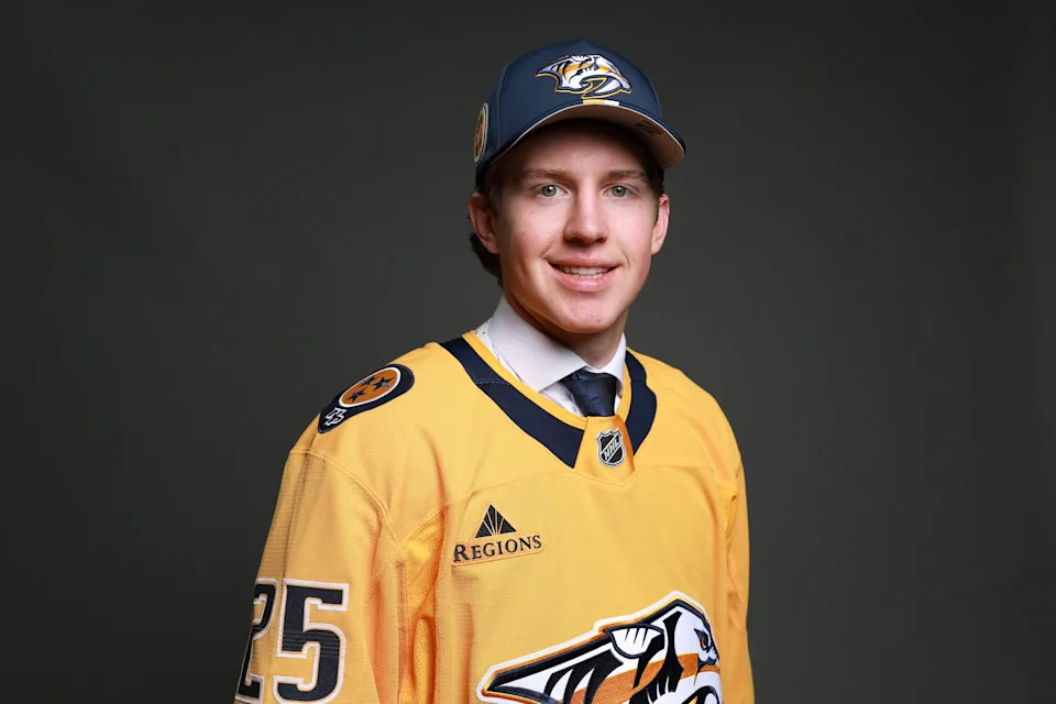 LOS ANGELES, CALIFORNIA - JUNE 28: Jack Ivankovic poses for a portrait after being drafted by the Nashville Predators with the fifty-eigth overall pick during rounds 2-7 of the 2025 Upper Deck NHL Draft at JW Marriott Los Angeles L.A. LIVE on June 28, 2025 in Los Angeles, California. (Photo by Matt Winkelmeyer/Getty Images)
