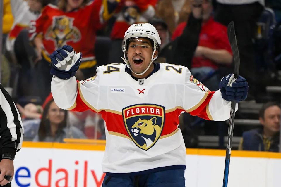 Feb 25, 2025; Nashville, Tennessee, USA;  Florida Panthers right wing Justin Sourdif (24) celebrates his goal against the Nashville Predators during the second period at Bridgestone Arena. Mandatory Credit: Steve Roberts-Imagn Images