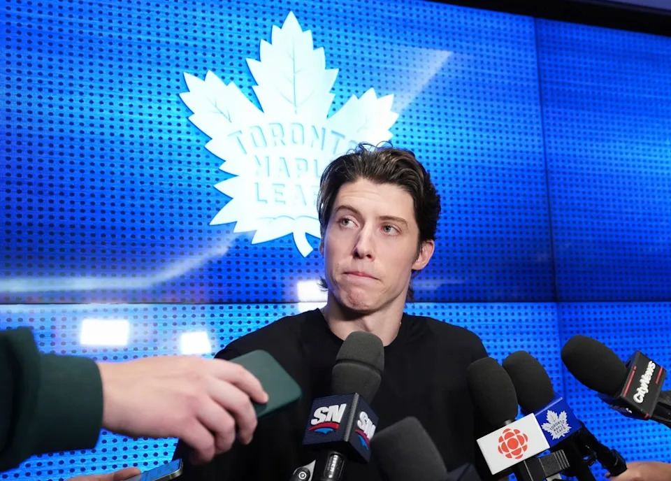 Toronto Maple Leafs forward Mitch Marner speaks to the media during an end-of-season NHL hockey news conference in Toronto, Tuesday, May 20, 2025. AP