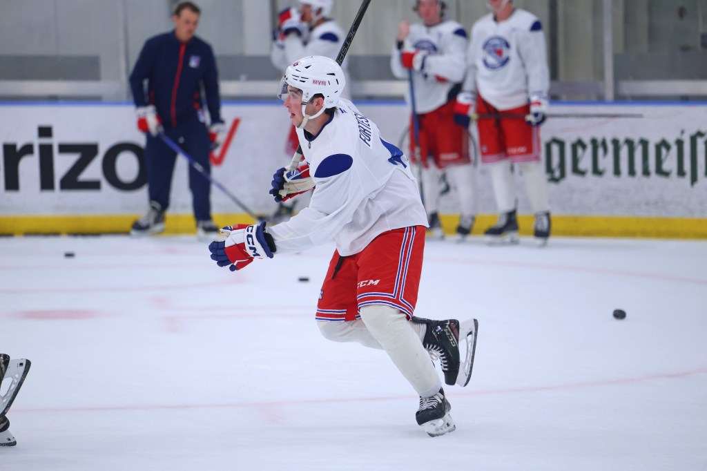 New York Rangers rookie Drew Fortescue skating at practice.