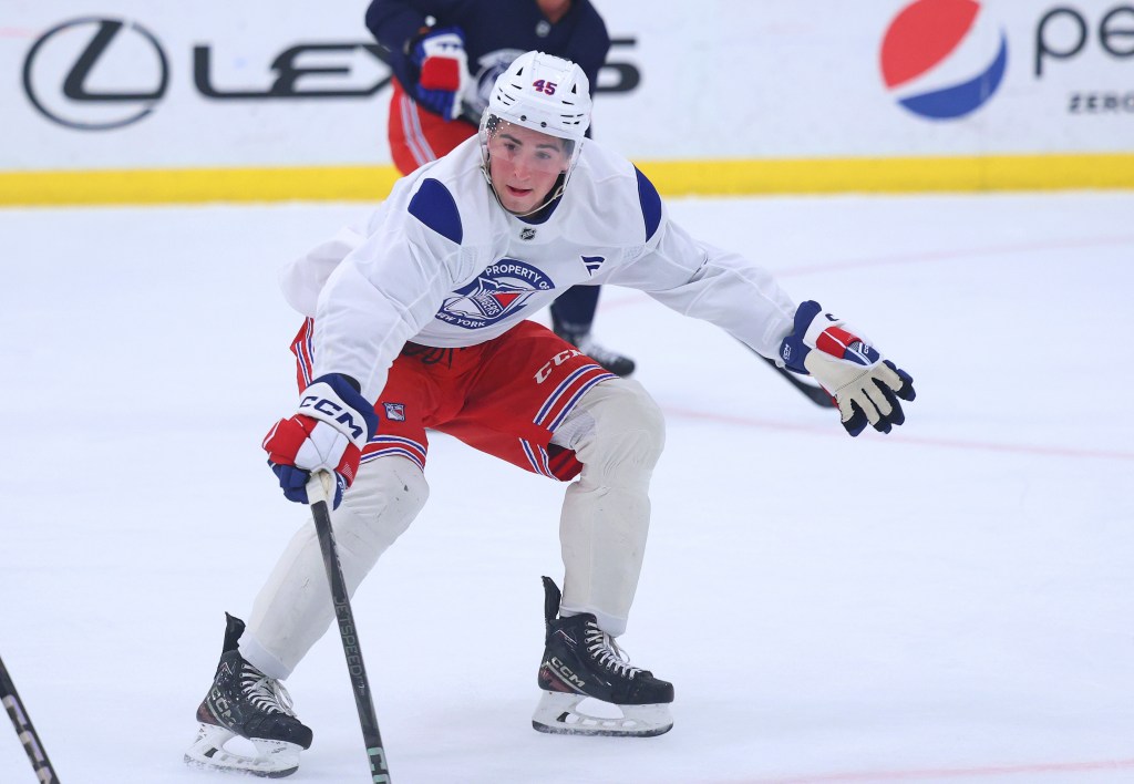New York Rangers rookie Drew Fortescue #45 at training.