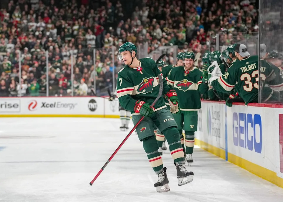 Mar 6, 2022; Saint Paul, Minnesota, USA; Minnesota Wild center Nico Sturm (7) celebrates after scoring in the first period against the Dallas Stars at Xcel Energy Center.Photo Credit&colon; Matt Blewett-Imagn Images