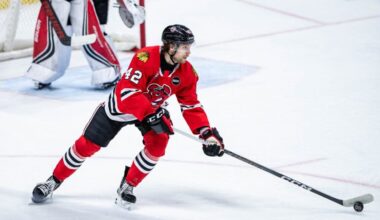Chicago Blackhawks Prospect Nolan Allan skates with the puck during a game with the Rockford IceHogs.