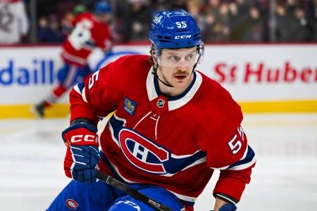Jan 28, 2025; Montreal, Quebec, CAN; Montreal Canadiens left wing Michael Pezzetta (55) looks on during warm-up before the game against the Winnipeg Jets at Bell Centre. Mandatory Credit: David Kirouac-Imagn Images