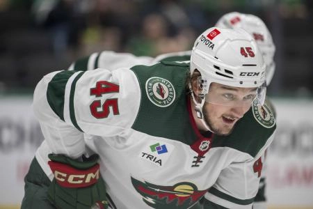 Sep 26, 2023; Dallas, Texas, USA; Minnesota Wild defenseman Ryan O'Rourke (45) in action during the game between the Dallas Stars and the Minnesota Wild at American Airlines Center. Mandatory Credit: Jerome Miron-Imagn Images Sep 26, 2023; Dallas, Texas, USA; Minnesota Wild defenseman Ryan O'Rourke (45) in action during the game between the Dallas Stars and the Minnesota Wild at American Airlines Center. Mandatory Credit: Jerome Miron-Imagn Images
