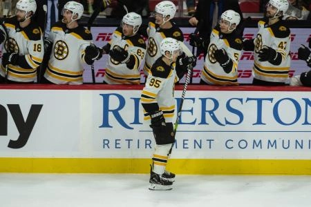 Boston Bruins forward Vinni Lettieri celebrating after scoring a goal.