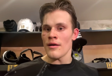 Former Pittsburgh Penguins forward Jesse Puljujarvi speaking to the media after a game