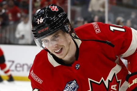 Feb 20, 2025; Boston, MA, USA; [Imagn Images direct customers only] Team Canada forward Mitch Marner (16) before the 4 Nations Face-Off ice hockey championship game against the United States at TD Garden. Mandatory Credit: Winslow Townson-Imagn Images