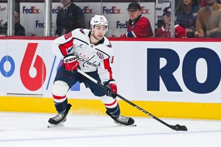 Washington Capitals forward Andrew Mangiapane carrying the puck during a road matchup against Montreal. Washington Capitals forward Andrew Mangiapane carrying the puck during a road matchup against Montreal.