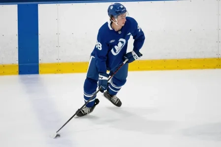 Maple Leafs defensive prospect Ben Danford (38) skates with the puck during Toronto's development camp. Maple Leafs defensive prospect Ben Danford (38) skates with the puck during Toronto's development camp.
