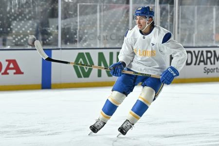 Dec 30, 2024; Chicago, Illinois, USA; St. Louis Blues center Jordan Kyrou (25) skates during a practice session prior to the Winter Classic ice hockey game against the Chicago Blackhawks at Wrigley Field. Mandatory Credit: Daniel Bartel-Imagn Images Dec 30, 2024; Chicago, Illinois, USA; St. Louis Blues center Jordan Kyrou (25) skates during a practice session prior to the Winter Classic ice hockey game against the Chicago Blackhawks at Wrigley Field. Mandatory Credit: Daniel Bartel-Imagn Images