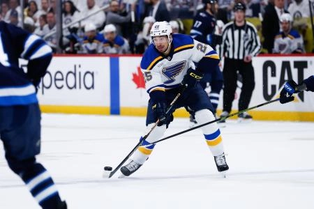 Apr 30, 2025; Winnipeg, Manitoba, CAN; St. Louis Blues forward Jordan Kyrou (25) skates into the Winnipeg Jets zone during the first period in game five of the first round of the 2025 Stanley Cup Playoffs at Canada Life Centre. Mandatory Credit: Terrence Lee-Imagn Images