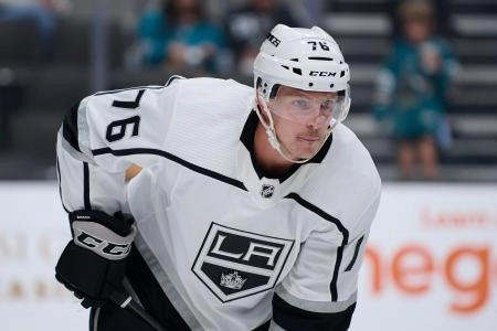 Sep 25, 2022; San Jose, California, USA; Los Angeles Kings defenseman Tobie Bisson (76) during the second period at SAP Center at San Jose. Mandatory Credit: Robert Edwards-Imagn Images